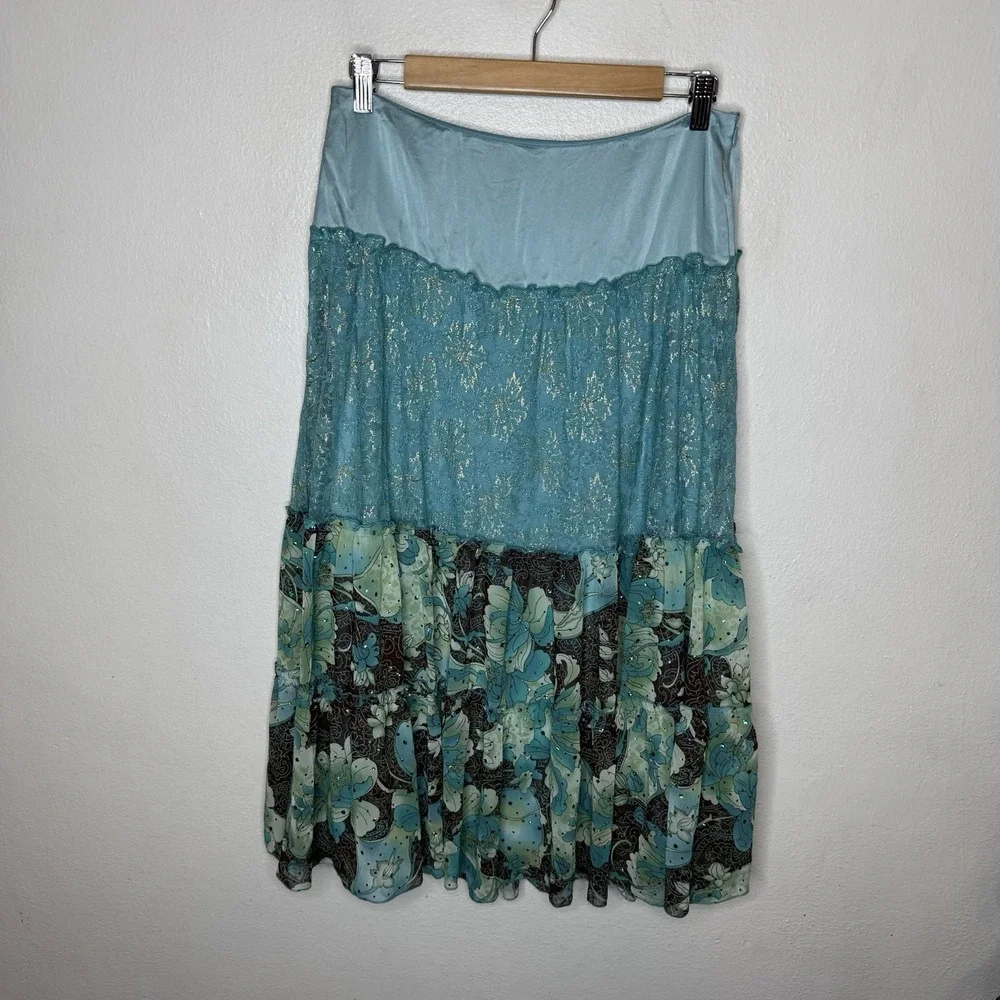 Rampage Y2K Silk Blend Aqua Blue Tiered Ruffle Skirt Size 5‎ Broomstick Boho